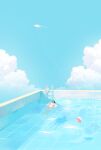  1girl ball beachball black_hair blue_sky closed_mouth cloud commentary_request highres innertube kite ladder long_hair mige_shijiu original partially_submerged pool scenery shadow sky smile solo sunglasses water 