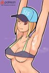  1girl armpits arms_up bikini blonde_hair breasts cleavage covered_nipples curvy hat highres looking_at_viewer navel one_eye_closed original patreon_logo patreon_username purple_background red_eyes saberrung short_hair simple_background small_breasts smile solo sport_girl_(saberrung) steam steaming_body stomach stretch sweat swimsuit underboob 