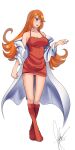  blue_eyes bodycon boots coat crescent-moon20 dress full_body highres long_hair mona_(warioware) open_mouth orange_hair red_dress red_footwear red_nails smile tight tight_dress transparent_background warioware 