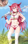  1girl bare_shoulders breasts highres horns japanese_clothes katana lewd_chan long_hair looking_at_viewer navel oni pubic_tattoo purple_eyes red_hair small_breasts sword tattoo thighhighs twintails very_long_hair weapon 