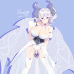  1girl backdrop breasts cameltoe corset cowboy_shot dated demon_girl demon_horns dress duel_monster gloves highres horns huge_breasts khaos_(kamimaetokito) labrynth_of_the_silver_castle leaning_forward leotard leotard_under_clothes looking_at_viewer low_wings multiple_wings purple_eyes signature simple_background sleeveless sleeveless_dress solo twintails white_dress white_hair white_wings wings yu-gi-oh! zettai_ryouiki 