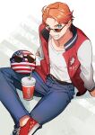  1boy 1other ahoge america_(hetalia) americaball axis_powers_hetalia belt blonde_hair blue_eyes coca-cola countryball crossover cup denim disposable_cup drinking_straw_in_mouth eyewear_on_head jacket jeans letterman_jacket littleb623 looking_at_viewer looking_up pants red_footwear shoes sneakers sunglasses trait_connection 