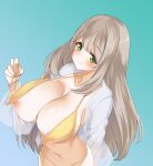  1girl areola_slip bangs bikini blue_archive bottomless breasts front-tie_bikini front-tie_top gokubuto_mayuge gradient gradient_background green_eyes highres jacket large_breasts light_brown_hair looking_at_viewer navel nonomi_(blue_archive) nonomi_(swimsuit)_(blue_archive) official_alternate_costume out-of-frame_censoring see-through see-through_jacket solo swept_bangs swimsuit untied untied_bikini yellow_bikini 