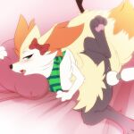  2022 accessory anthro black_body black_fur blush bow_(disambiguation) braixen canid canine darkmirage female fur genitals green_eyes hair_accessory hair_bow hair_ribbon hi_res looking_pleasured mammal mostly_nude nintendo open_mouth pawpads paws pillow pillow_hug pok&eacute;mon pok&eacute;mon_(species) pussy ribbons scarf sex_toy solo tuft vibrator vibrator_on_pussy video_games white_body white_fur yellow_body yellow_fur 
