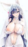  1girl animal_ears azur_lane between_breasts blue_eyes blue_hair breasts bridal_veil cleavage clothes_pull clothing_cutout commentary_request dress dress_pull hand_on_own_chest happy headdress heart highres hukairi_botan large_breasts looking_at_viewer navel navel_cutout new_jersey_(azur_lane) new_jersey_(snow-white_ceremony)_(azur_lane) nipples official_alternate_costume rabbit_ears solo veil wedding_dress 