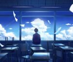  1boy black_hair blazer blue_jacket blue_sky blue_theme ceiling_light chair classroom cloud commentary_request desk flying_paper from_behind highres indoors jacket long_sleeves male_focus mige_shijiu original paper paper_airplane scenery school_chair school_desk short_hair sky solo window 