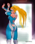  1girl absurdres artist_name ass bare_shoulders blonde_hair blue_eyes blurry blurry_background breasts butt_crack clenched_hand closed_mouth clothing_cutout commentary elbow_pads facepaint fingernails heart_cutout highres lips long_hair looking_at_viewer looking_back medium_breasts muscular muscular_female quasimodox rainbow_mika shiny shiny_clothes signature simple_background skin_tight sleeveless solo street_fighter street_fighter_6 stretch twintails wrestling_outfit wrestling_ring 