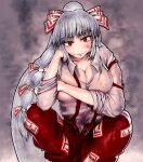  1girl alternate_breast_size bangs belt bow breast_press breasts buttons cleavage closed_mouth collaboration collarbone collared_shirt covered_nipples dirty dirty_clothes dirty_face feet_out_of_frame fujiwara_no_mokou gengoroumaru_(ambidextrous) grey_hair hair_bow hand_on_own_cheek hand_on_own_face hand_up head_tilt highres large_breasts long_hair long_sleeves looking_at_viewer nipples no_bra ofuda ofuda_on_clothes open_belt open_clothes open_fly open_pants pants plunging_neckline red_eyes red_pants see-through see-through_shirt shirt skindentation smile smoke sogaku solo squatting suspenders suspenders_slip touhou unaligned_breasts very_long_hair wet wet_clothes wet_face wet_pants wet_shirt white_shirt wing_collar 