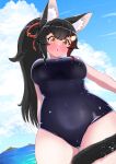  1girl :o animal_ear_fluff animal_ears black_hair blue_swimsuit blush breasts covered_navel curvy dutch_angle hair_ornament hairclip highres hololive impossible_clothes impossible_swimsuit kani_bonara large_breasts long_hair looking_at_viewer multicolored_hair one-piece_swimsuit ookami_mio parted_lips ponytail red_hair skin_tight skindentation solo streaked_hair swimsuit tail tail_around_leg tail_wrap very_long_hair virtual_youtuber wide_hips wolf_ears wolf_girl wolf_tail yellow_eyes 