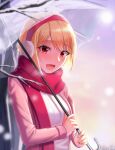  1girl absurdres bangs bare_tree blonde_hair blurry blurry_foreground blush earmuffs highres holding holding_umbrella jacket long_sleeves looking_at_viewer open_clothes open_jacket open_mouth original outdoors phoebe_(pixiv_55159801) pink_jacket red_eyes red_scarf scarf see-through shirt short_hair smile snowing solo sunrise transparent transparent_umbrella tree umbrella upper_body white_shirt winter 