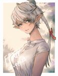  1girl alisaie_leveilleur bangs blue_eyes braid dated elezen elf final_fantasy final_fantasy_xiv from_side gusty10rk hair_between_eyes hair_ribbon highres long_hair looking_at_viewer pointy_ears ribbon shirt short_sleeves solo white_hair white_shirt 