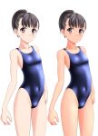  1girl absurdres black_hair black_swimsuit breasts brown_eyes comparison competition_swimsuit contrapposto covered_navel cowboy_shot highleg highleg_swimsuit highres looking_at_viewer multiple_views one-piece_swimsuit one-piece_tan original ponytail short_hair simple_background small_breasts swimsuit takafumi tan tanlines white_background 