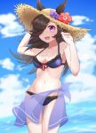  1girl :d animal_ears arm_up ass_visible_through_thighs bangs bikini blue_sky bow breasts brown_hair cloud collarbone commentary_request day ears_through_headwear floating_hair flower frilled_bikini frills front-tie_bikini front-tie_top hair_over_one_eye halterneck hand_on_headwear hand_up hat hat_bow hat_flower highres hiro_(pqtks113) horse_ears light_blush long_bangs long_hair looking_at_viewer medium_breasts navel open_mouth outdoors purple_eyes rice_shower_(umamusume) sarong see-through skindentation sky smile solo stomach straw_hat sun_hat swimsuit thigh_gap umamusume wind 
