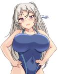  1girl blue_swimsuit breasts brown_eyes competition_swimsuit conte_di_cavour_(kancolle) covered_navel dated grey_hair hands_on_hips highleg highleg_swimsuit highres impossible_clothes impossible_swimsuit kantai_collection large_breasts long_hair montemasa one-piece_swimsuit open_mouth simple_background smile solo swimsuit twitter_username two-tone_swimsuit two_side_up white_background 