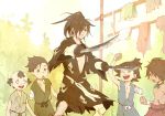  5boys amputee balding black_hair child clenched_hand closed_mouth dororo_(tezuka) hyakkimaru_(dororo) japanese_clothes kon_(kin219) looking_at_another male_focus multiple_boys ponytail prosthesis sword tan weapon 