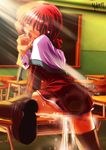  amano_mishio censored closed_eyes crotch_rub desk female_ejaculation kanon lens_flare masturbation red_hair red_skirt school_uniform skirt solo table_sex thighhighs third-party_edit yukirin 