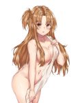  1girl absurdres asuna_(sao) bangs blush braid breasts brown_eyes brown_hair erect_nipples highres kanniepan large_breasts long_hair looking_at_viewer navel nude parted_bangs parted_lips simple_background solo standing sword_art_online towel white_background white_towel 