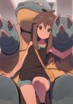  1girl bag black_shirt blastoise blue_(pokemon) blue_shorts brown_eyes brown_hair creatures_(company) game_freak gen_1_pokemon hair_flaps long_hair messenger_bag nintendo pokemon pokemon_(game) pokemon_lgpe shirt shorts shoulder_bag sidelocks sitting sleeveless sleeveless_shirt solo_focus tomioka_jirou wristband 