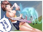  bestiality blush breasts carbuncle_(final_fantasy) cunnilingus final_fantasy final_fantasy_x medium_breasts oral standing topless translated tsukinami_yuu yuna_(ff10) 