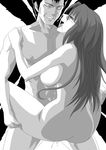  1girl abs ahegao asougi_rin ass back blush breasts empty_eyes from_behind fucked_silly glasses greyscale hetero highres kamoroosaazu large_breasts long_hair mnemosyne monochrome muscle nipples nude open_mouth pussy_juice saliva sex spread_legs standing suspended_congress tongue wide_hips 