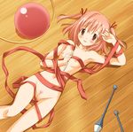  ball between_breasts breasts brown_eyes censored entangled flat_chest gymnastics hoop juggling_club lying mahou_sensei_negima! mosaic_censoring naked_ribbon non-web_source nude on_back open_mouth pink_hair pussy rhythmic_gymnastics ribbon ribbon_baton sasaki_makie short_hair solo 