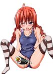  ahoge blue_eyes blush braid censored flat_chest food long_hair lyrical_nanoha mahou_shoujo_lyrical_nanoha_strikers makizushi object_insertion one-piece_swimsuit one_eye_closed open_mouth pussy_juice red_hair solo spread_legs striped striped_legwear sushi swimsuit swimsuit_aside taana tears thighhighs twin_braids vaginal vita 