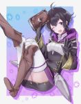  1girl aiueo1234853 black_gloves black_hair book boots brown_footwear dress fire_emblem fire_emblem:_kakusei fire_emblem_heroes gloves highres holding holding_book hood hood_down knee_boots long_sleeves mark_(female)_(fire_emblem) mark_(fire_emblem) nintendo one_eye_closed open_mouth purple_eyes short_dress short_hair solo star thighhighs white_legwear 