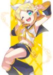  1girl ;d absurdres armpits ascot bangs bare_shoulders belt belt_buckle black_sailor_collar black_shorts blonde_hair bow breasts buckle cel_shading crop_top detached_sleeves green_eyes hair_bow hair_ornament hairclip hand_on_headphones headphones headset highres kagamine_rin karasu_no_katte leg_warmers midriff narrow_waist navel one_eye_closed open_mouth sailor_collar sailor_shirt shirt short_hair shorts sleeveless sleeveless_shirt small_breasts smile sparkle swept_bangs v_over_eye vocaloid white_bow yellow_ascot yellow_nails 