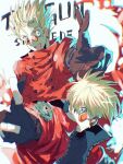  2boys black_gloves blonde_hair blue_eyes character_name decided_218 dual_persona earrings fingerless_gloves gloves jewelry multiple_boys open_mouth smile sunglasses trigun v vash_the_stampede 
