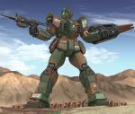  blue_sky cloud cloudy_sky commentary_request day emblem english_text grass ground_gm gun gundam gundam_08th_ms_team highres holding holding_gun holding_shield holding_weapon mecha mikeran_(mikelan) mobile_suit mountainous_horizon no_humans outdoors partial_commentary robot roundel science_fiction shield sky type_61_(gundam) weapon 