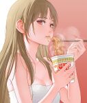  1girl bangs bare_shoulders breasts brown_background brown_hair chopsticks cleavage closed_mouth collarbone commentary cup cup_noodle disposable_cup eating english_commentary eyebrows_behind_hair food hands_up highres holding holding_chopsticks holding_cup jchoy long_hair looking_at_viewer medium_breasts naked_towel noodles original red_eyes solo steam towel upper_body very_long_hair white_background 