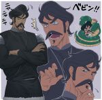  1boy animal bebinn black_eyes black_hair black_tunic commentary_request crossed_arms facial_hair long_sleeves looking_at_viewer male_focus mitsumata multiple_views mustache open_mouth ousama_ranking oversized_animal purple_background shijimi_(taurin69) short_hair simple_background smile snake thick_eyebrows translation_request tunic 