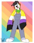  anthro artist_logo black_body black_fur black_hair black_nose black_tail brown_body brown_fur brown_tail canid canine clothed clothing eye_through_hair eyebrow_through_hair eyebrows floppy_ears front_view fur glistening glistening_eyes grey_overalls hair happy hi_res jaqrabbit_(artist) lgbt_pride logo looking_aside male mammal neckerchief nonbinary_pride_colors open_mouth open_smile overalls pride_colors rainbow_background simple_background smile solo teeth translucent translucent_hair white_body white_fur white_tail 
