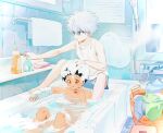  2boys basket bath bathing bathroom bathtub black_hair blue_eyes child cleaning gon_freecss green_hair hand_in_another&#039;s_hair highres hunter_x_hunter implied_yaoi indoors k.g_(matsumoto_zo) killua_zoldyck laundry laundry_basket liquid_soap male_child male_focus multiple_boys nude partially_submerged shampoo shirt short_hair sitting soap soap_bubbles spiked_hair towel water wet white_hair white_shirt 
