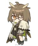  1girl ahoge anklet arknights baiwei_er_hao_ji black_thighhighs braid brown_hair buttons chibi coat feathers full_body glasses id_card infection_monitor_(arknights) jewelry lanyard long_sleeves looking_at_viewer lowres one_eye_closed semi-rimless_eyewear short_hair silence_(arknights) simple_background single_braid sleeves_past_fingers sleeves_past_wrists solo standing thigh_strap under-rim_eyewear vial weibo_logo weibo_username white_background white_coat 