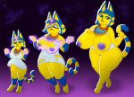  animal_crossing ankha_(animal_crossing) anthro big_breasts blue_hair breasts clothing digital_media_(artwork) domestic_cat egyptian felid feline felis female fur genitals hair huge_breasts huge_hips magic mammal nintendo nipples nude open_mouth pussy sjevi solo tearing_clothing thick_thighs torn_clothing transformation transformation_sequence transformation_through_magic video_games wide_hips yellow_body 