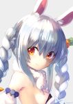  1girl animal_ear_fluff animal_ears artist_name bangs bare_shoulders blue_hair braid breasts carrot_hair_ornament commentary detached_sleeves don-chan_(usada_pekora) english_commentary extra_ears food-themed_hair_ornament grey_background hair_between_eyes hair_ornament highres hololive long_hair looking_at_viewer multicolored_hair rabbit_ears red_eyes simple_background small_breasts smile solo symbol-shaped_pupils takuyarawr twin_braids two-tone_hair upper_body usada_pekora virtual_youtuber white_hair 