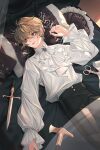  1boy androgynous blonde_hair blue_eyes eyeshadow hammer highres lagras_(saibai_shounen) long_sleeves looking_to_the_side lying makeup male_focus official_art on_back on_bed pants red_eyeshadow saibai_shounen scissors second-party_source shirt solo sword weapon white_shirt 