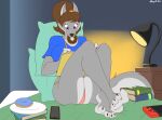  4_toes anthro bed book canid canine canis chloe_shiwulf clothing countershading crossed_ankles dessert doughnut doughnut_in_mouth feet female food furniture hi_res humanoid_feet in_mouth lamp mammal nintendo nintendo_switch panties pencil_(object) pillow plate sitting solo studying toes underwear video_games wolf zp92 