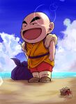  1boy :d absurdres bald blue_sky boots cloud dougi dragon_ball dragon_ball_(classic) hermit_crab highres kuririn lens_flare liedein male_focus no_nose ocean open_mouth sack sand sky smile solo 