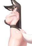  1girl ahri_(league_of_legends) animal_ear_fluff animal_ears ass backless_leotard backless_outfit bangs black_hair black_leotard breasts brown_eyes covered_mouth cowboy_shot facial_mark fox_ears fox_tail halterneck hand_on_own_shoulder hand_up large_breasts league_of_legends leotard long_hair red_eyes sash self_hug sideboob simple_background solo straight_hair strapless strapless_leotard tail whisker_markings white_tail yabby 
