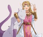  1girl armor bangs blonde_hair blue_eyes blush circlet closed_eyes dress earrings highres hug jewelry long_hair looking_at_viewer mewtwo necklace open_mouth pointy_ears pokemon_(creature) princess_zelda sakuremi shoulder_armor simple_background smile super_smash_bros. tail the_legend_of_zelda the_legend_of_zelda:_a_link_between_worlds v 