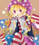  1girl @_@ american_flag_dress american_flag_legwear bangs blonde_hair blue_jacket blush clownpiece commentary crying feet_out_of_frame hands_on_own_face hat highres jacket jester_cap long_hair long_sleeves looking_at_viewer multicolored_clothes multicolored_jacket nikorashi-ka one-hour_drawing_challenge open_clothes open_jacket open_mouth purple_eyes purple_headwear red_jacket sharp_teeth sitting solo star_(symbol) teeth touhou white_jacket 