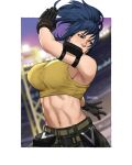  1girl armlet artist_name bangs bare_shoulders belt blue_eyes blue_hair blurry blurry_background breasts breikka camouflage camouflage_pants clenched_hand gloves leona_heidern midriff military navel pants pocket ponytail solo stadium tank_top the_king_of_fighters the_king_of_fighters_xv twisted_torso yellow_tank_top 