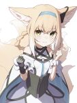  1girl absurdres animal_ears arknights bare_shoulders black_gloves black_vest blonde_hair braid breasts clenched_hands clothing_cutout dress fox_ears fox_girl fox_tail gloves green_eyes hands_up highres kitsune long_hair looking_at_viewer multicolored_hair multiple_tails oripathy_lesion_(arknights) shoujo_l shoulder_cutout simple_background single_glove single_wrist_cuff small_breasts smile solo streaked_hair suzuran_(arknights) tail upper_body vest white_background white_dress white_hair white_wrist_cuffs wrist_cuffs 