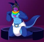  absurd_res anthro baltnwolf_(artist) bandanna clean_diaper diaper diaper_fetish diaper_only digital_media_(artwork) dog_mask hi_res kerchief kneeling lizard looking_at_viewer male mask reptile scalie simple_background solo 