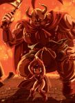  1boy 1girl absurdres beard boots cape chi-chi_(dragon_ball) clenched_teeth closed_mouth dragon_ball dragon_ball_(classic) facial_hair fake_horns father_and_daughter fire full_body gloves gyuu_mao helmet highres holding holding_weapon horned_helmet horns liedein long_hair muscular muscular_male size_difference standing teeth v-shaped_eyebrows weapon 