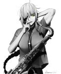  1girl arm_behind_head artist_name bangs braid braided_ponytail closed_mouth darkpulsegg english_commentary eyepatch finger_to_mouth girls&#039;_frontline greyscale hair_between_eyes highres holding holding_instrument instrument lips long_hair looking_at_viewer m16a1_(girls&#039;_frontline) mole mole_under_eye monochrome necktie pants saxophone shirt short_sleeves solo upper_body white_background yellow_eyes 