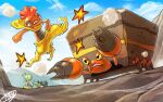  battle claws commentary_request crustle day dwebble evolutionary_line frown jumping kaosu_(kaosu0905) kicking mountain open_mouth outdoors pokemon pokemon_(creature) scrafty scraggy signature sky 