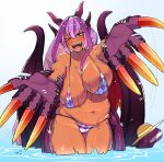  1girl ;d bikini blush bouncing_breasts breasts checkered_bikini checkered_clothes claws commission dark-skinned_female dark_skin dragon_girl fang hat horns jabberwock_(monster_girl_encyclopedia) large_breasts long_hair looking_at_viewer monster_girl monster_girl_encyclopedia multicolored_hair navel ohasi one_eye_closed open_mouth outstretched_arms partially_submerged plump purple_eyes purple_hair smile solo swimsuit water wings 